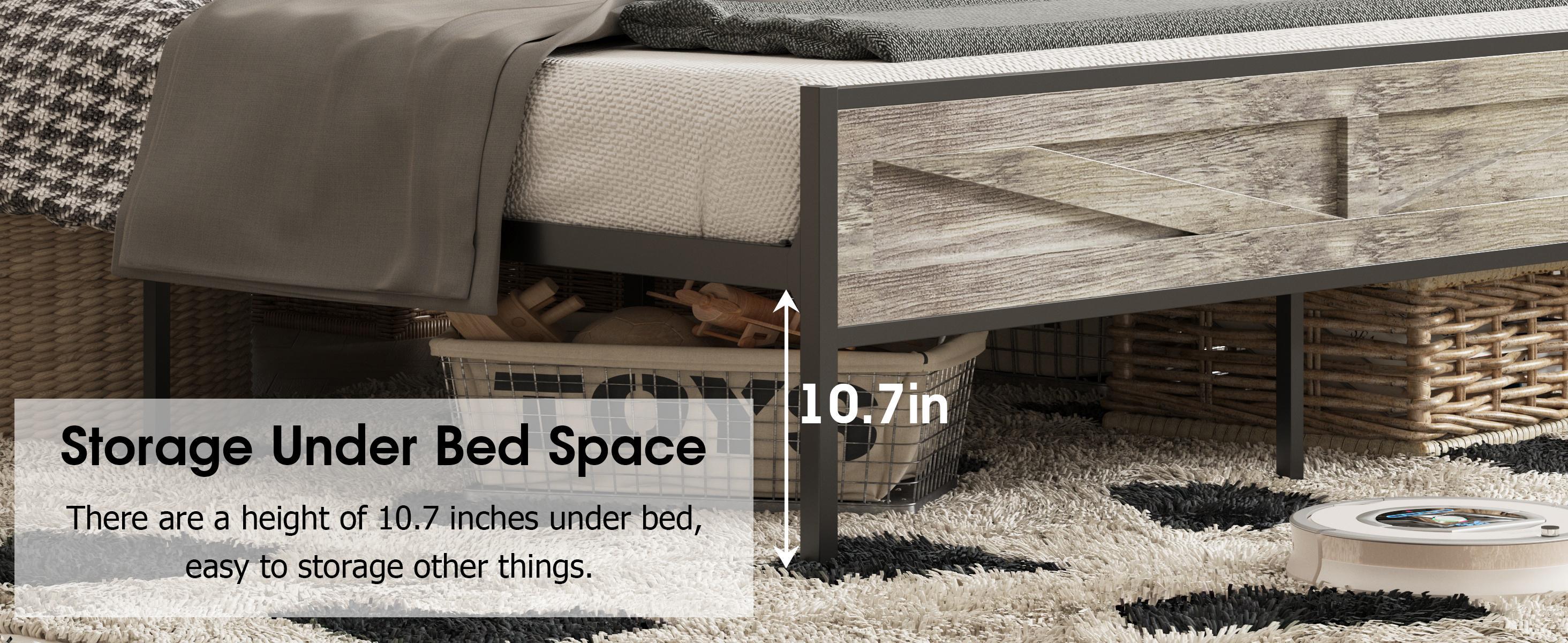 Vabches LED Bed Frame with Charging Station, Platform Metal Headboard Storage & USB Ports Outlets, Farmhouse Lights for Bedroom, Noise Free