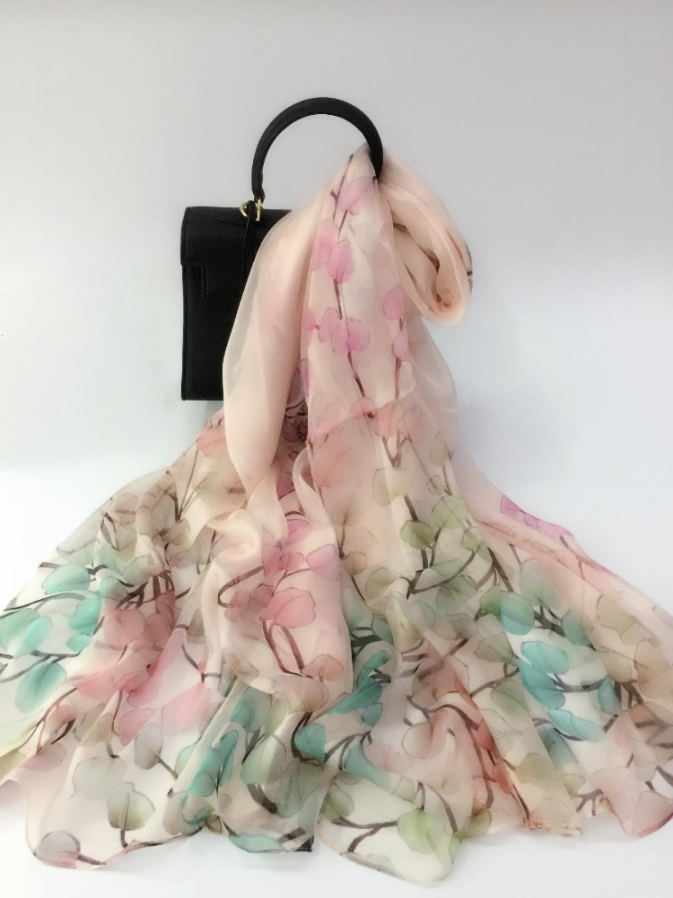 175cm*110cm Printed Silk Shawl for Women, High-End Silk Scarf, Lotus Pattern, 100% Mulberry Silk, Soft and Breathable, Ideal Gift