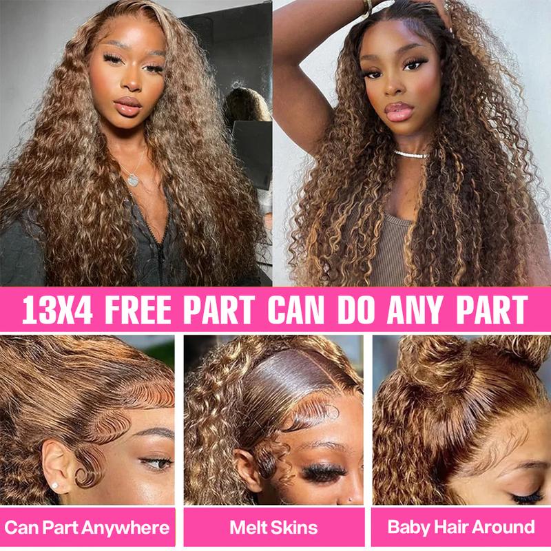Pizazz Hair Water Wave 4/27 Highlight 13x4 HD Transparent Lace Front Wigs Ombre Human Hair Wet and Wavy Curly Lace Frontal Wigs Pre Plucked with Baby Hair 180% Density