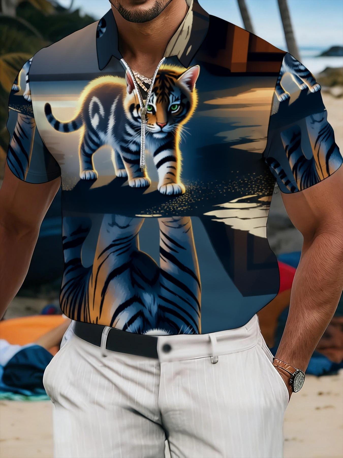 Men's Short Sleeve Polo Shirt with Tiger Print, Summer Fashion Casual Top, Trendy Design Men's Clothing