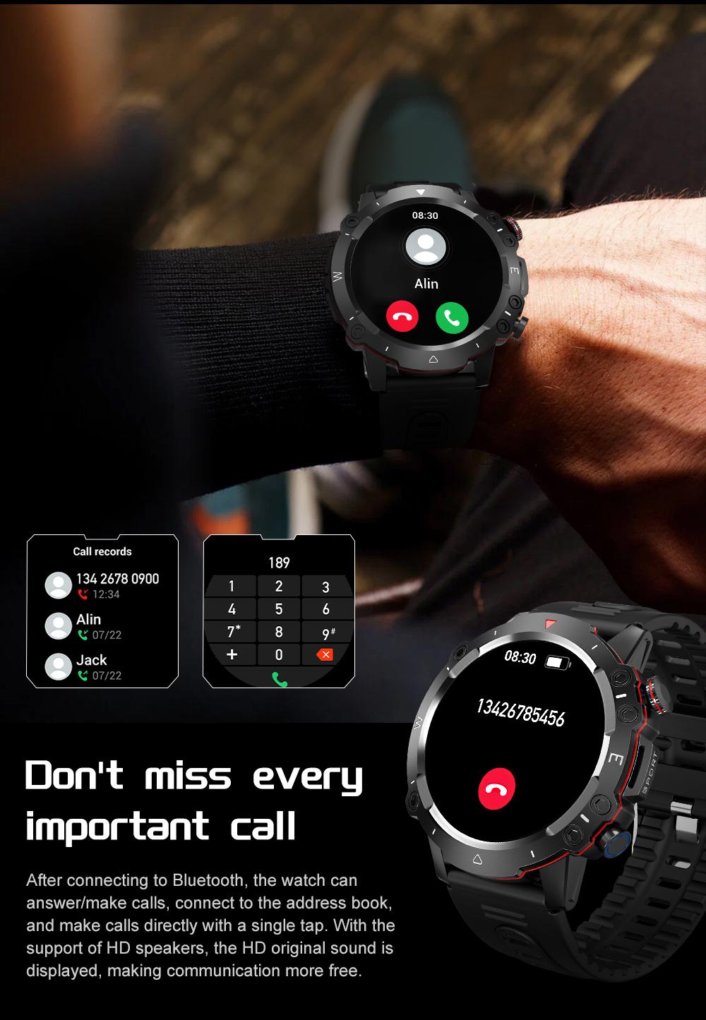 ZW48 Tactical Bluetooth Calling Smart Watch 1.46 Inch HD Round Display LED Flashlight for Outdoor Fitness Daily Wear