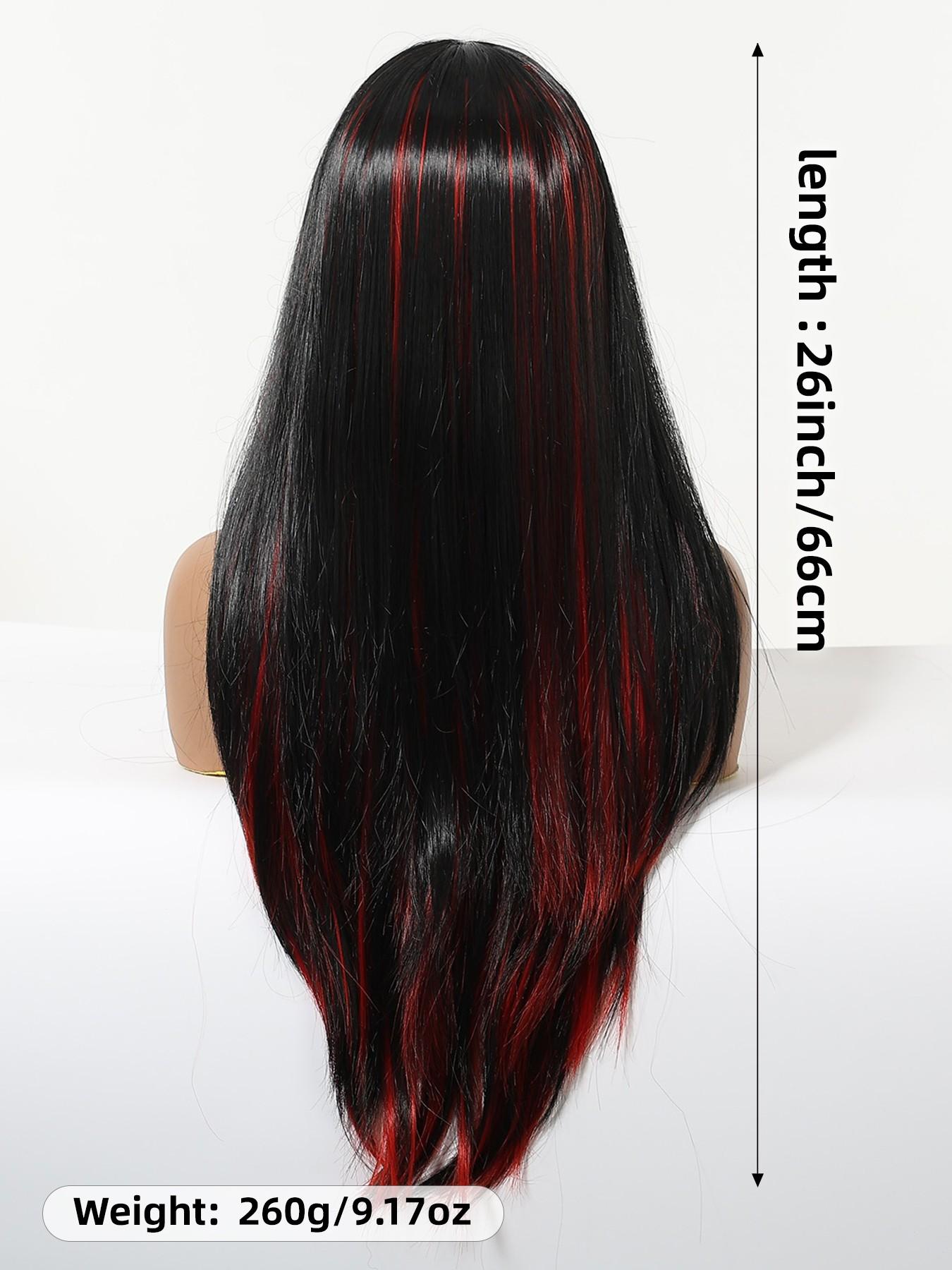 Ultra-Long Straight Wig 26 Inches, Wine Blend Color, Full Bangs, Natural Hairline, Layered Inner Curl, Women's Fashion Wig, Synthetic Wigs