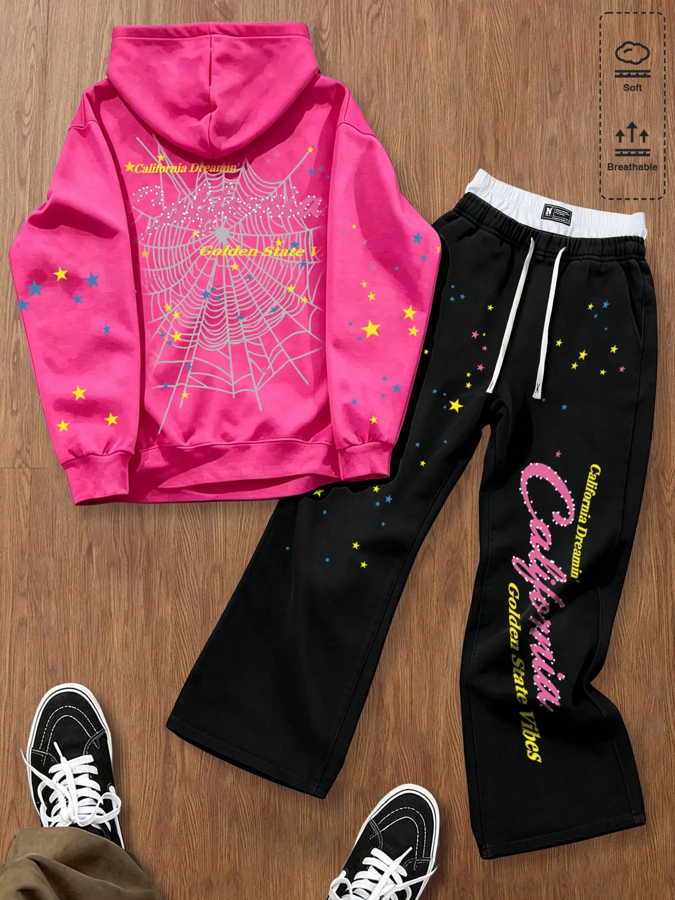 Men's Fleece Two-Piece Set, Sweatsuit Set Outfit, Loose Fit Hoodie & Wide Leg Pants, Warm Fleece Fabric, Spider Web Print, Fall Winter