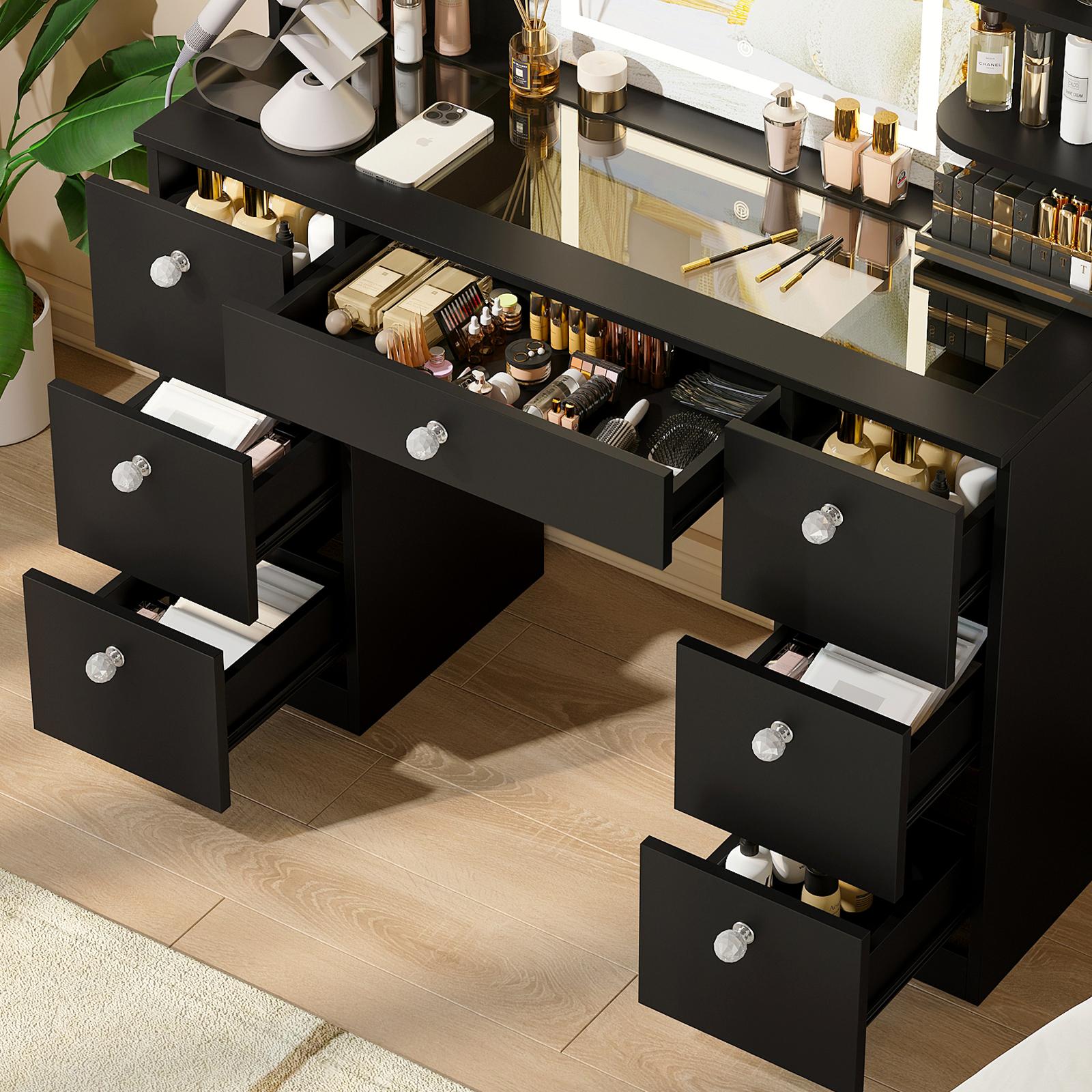 【Assembly video available】VOWNER Modern 55" Tall Makeup Vanity Table Set with 3 Color Lighted Mirror 7 Drawers & Outlet Gift