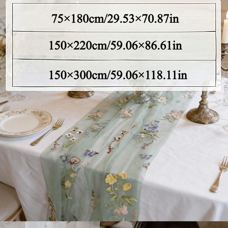 Green Lace Table Runner with Butterfly Floral Embroidery French Retro Ruffled Sheer Fabric Table Flag for Wedding Party, Garden Tea Party, Home Decor, Event Versatility, Multi-use for Table, Chair, Arch, Window