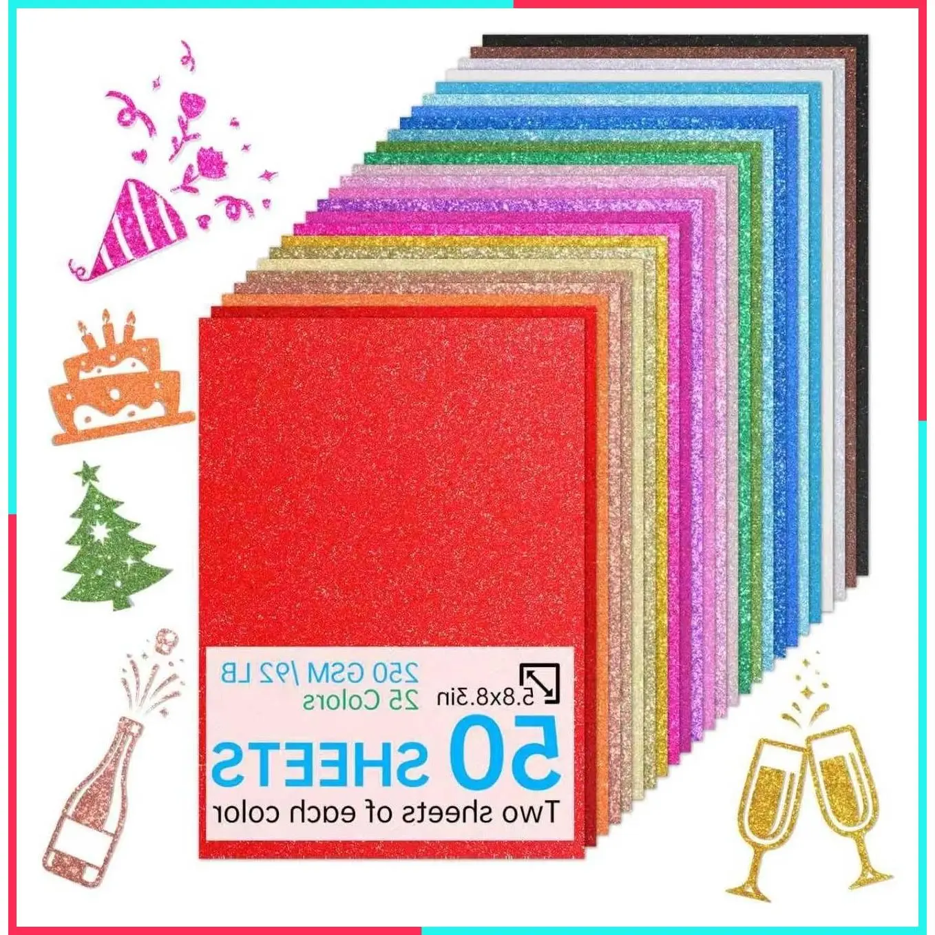 50 Sheets in 25 Colors Glitter Cardstock, Standard A5-Size Glossy Cardstock, Premium No-Shed Sparkly Cardstocks for Crafting Decorations, Cards, Scrapbooks, And DIY Projects