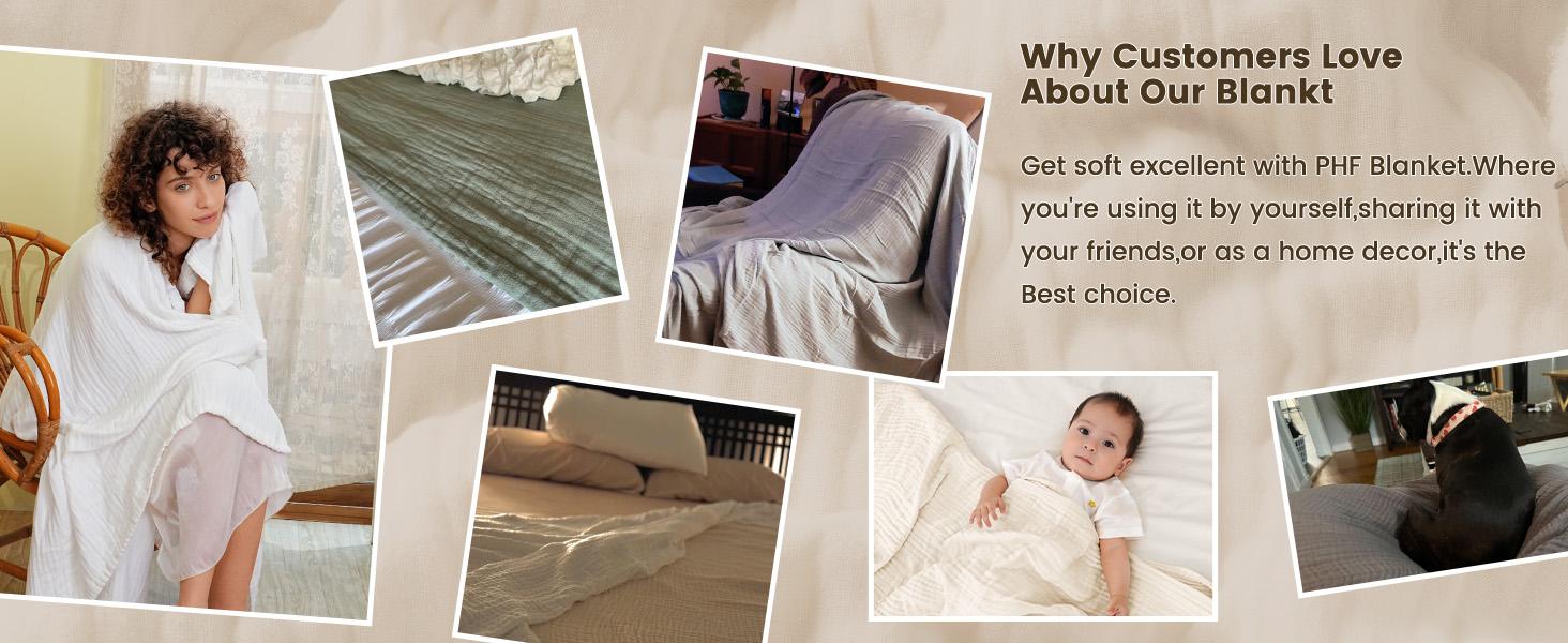 PHF Cooling Muslin King Blanket for Hot Sleepers, 60% Rayon Derived from Bamboo, 40% Cotton for Summer, 4-Layer Breathable Lightweight Gauze Blanket for Bed Couch