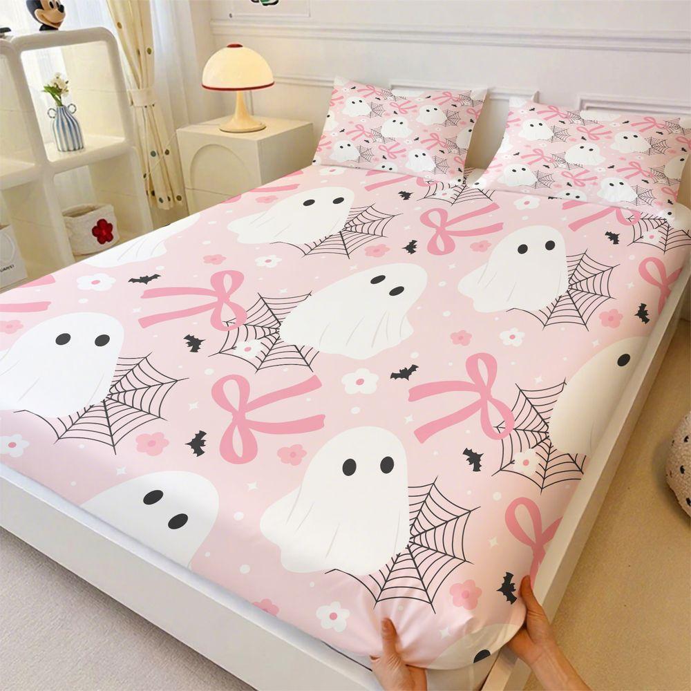 3Pcs Cute Pink Ghost Fitted Sheet Set, Aesthetic Spooky Halloween Bed Sheets Set, Soft Microfiber Bedding Set with Bows & Spiderweb Print for Girls Bedroom Decor No Fillers