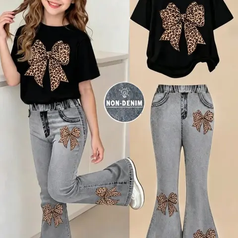 Girls' Sweet‑Cool Style Casual 2‑Piece Set, Graphic Print Set, Leopard Bow Printed Top and Bell‑Bottom Pants with Comfortable Elastic Waist, All‑Season Casual Daily Wear