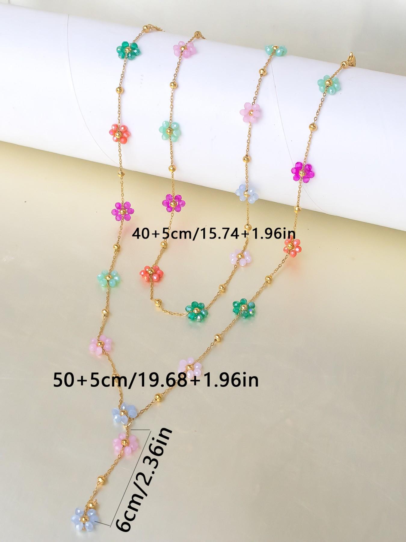 Boho Style Colorful Beaded Flower Necklace Set, Handmade Daisy Pendant Fringe Design, 14k Gold Plated Chain Jewelry Gift