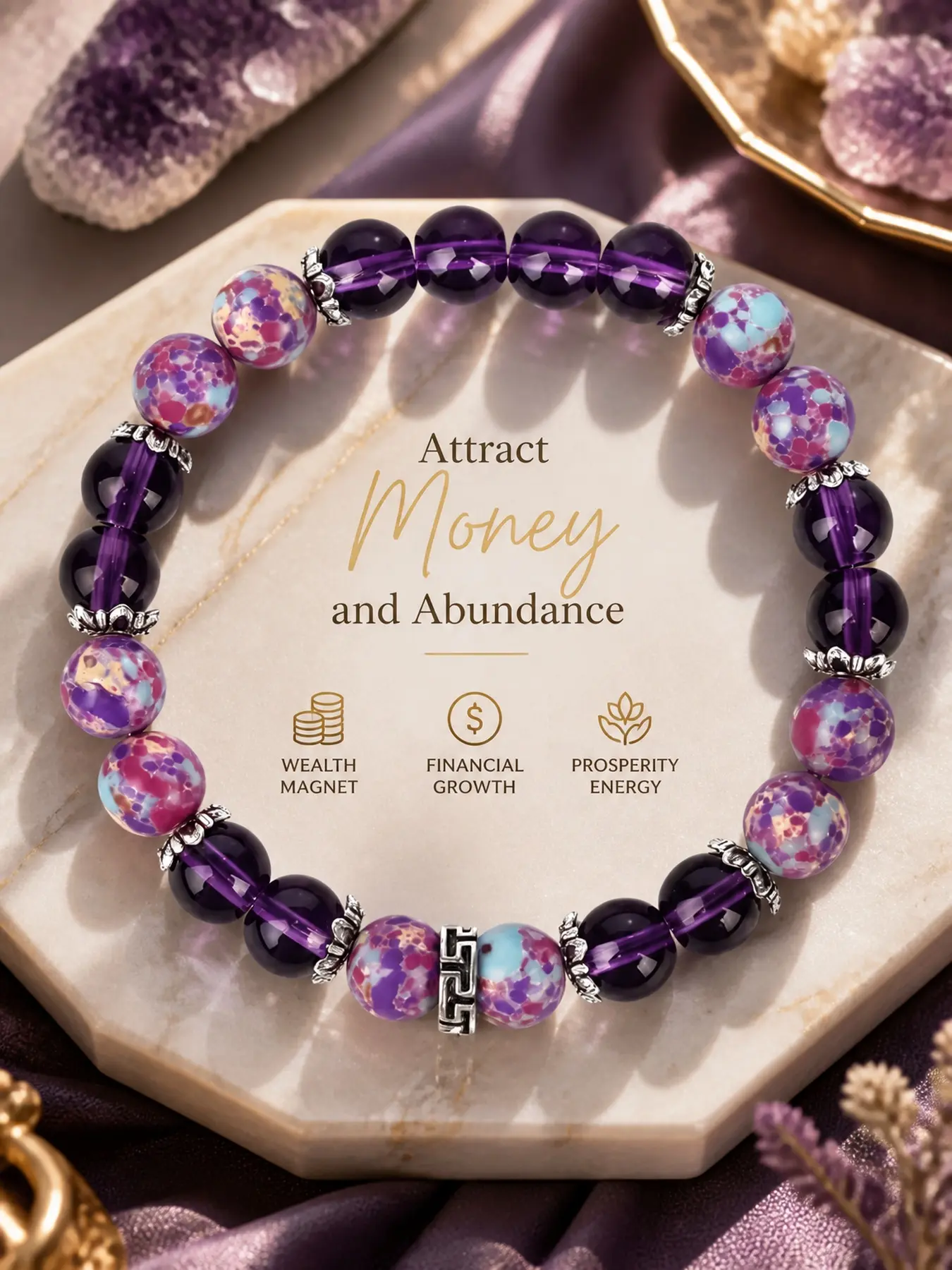 Good Luck Beaded Bracelet for Women, Purple Charm Bracelet with Colorful Beads, Fortune Inspired Fashion Jewelry Gift for Her