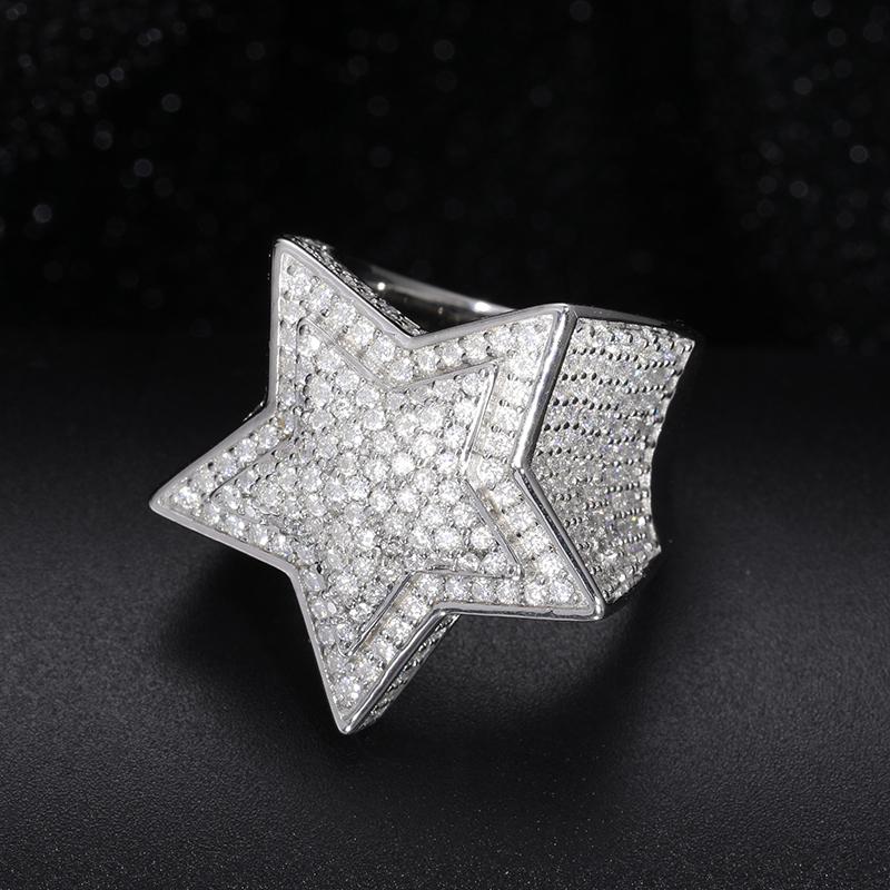 【R46 live2】 S925 Five Star Synthetic Moissanite Men Rings 925 Sterling Silver Ring UCCIYOD VVS Round Synthetic Moissanite  Hip Hop Jewelry