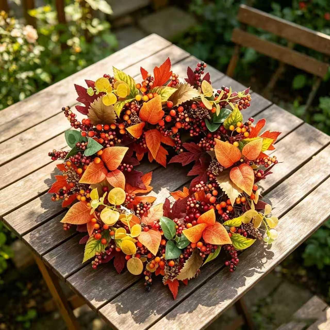 Vibrant Autumn Artificial Wreath, Maple Leaves with Mixed Berries, Rustic Thanksgiving and Fall Porch Decor