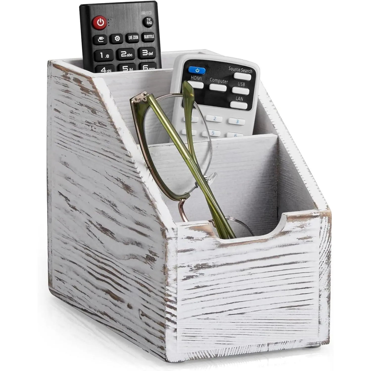 Remote Control Holder, TV Remote Holder, Wood Farmhouse Remote Caddy for Table, Remote Organizer Caddy with 3 Slots, Remote Storage Box for Home Office, Rustic White