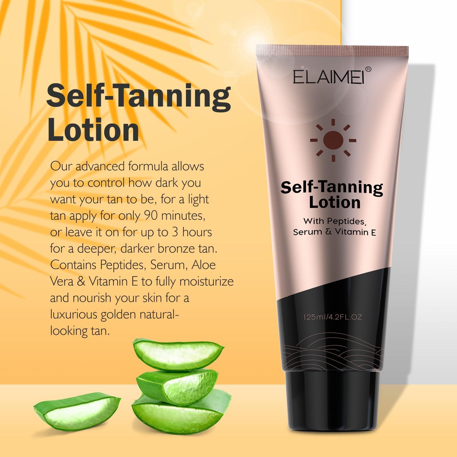 ELAIMEI Self-Tanning Lotion, 125 ml large size, provides quick tanning results and a long-lasting, even, sun-kissed glow that radiates vitality and confidence, making it easy to achieve a beautiful tan.