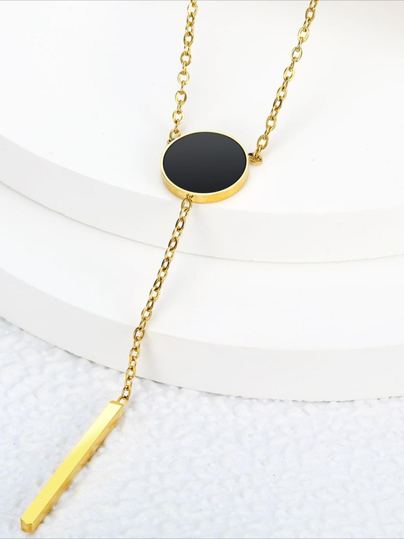 Minimalist Stainless Steel Y-shaped Necklace with Niche Design, Black Round Brand Vertical Stripe Tassel Pendant, High Polished Glossy Texture, Light Luxury Daily Commuting Collarbone Chain