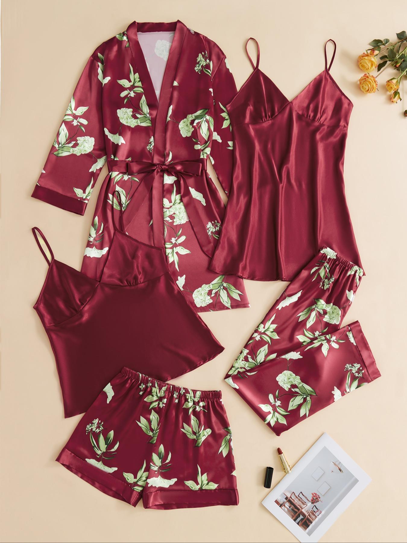 5 Piece Set Women's Satin Chic Floral & Plants Print Nightwear Pajama Set, Fall Clothes, Comfort Adjustable Strap Camisoles & Pj Pants & Shorts & Belted Lounge Robe Pjs Set, Homewear Set, Pyjamas for Women, Womenswear, Loungewear