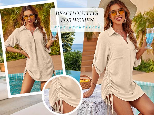 Blooming Jelly Womens Bathing Suit Cover Ups Bikini Swimsuit Coverup Drawstring Beach Dress Shirt