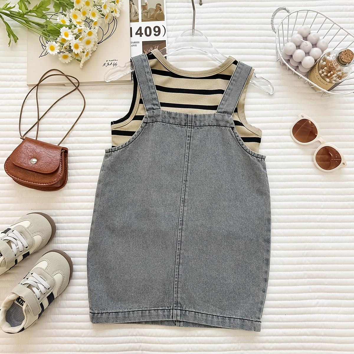 Girls' 2026 Summer New Korean Style Casual Polyester Mix Thin Stripe Print 2-Piece Set - Versatile Striped Vest, Denim Front Pinafore Dress