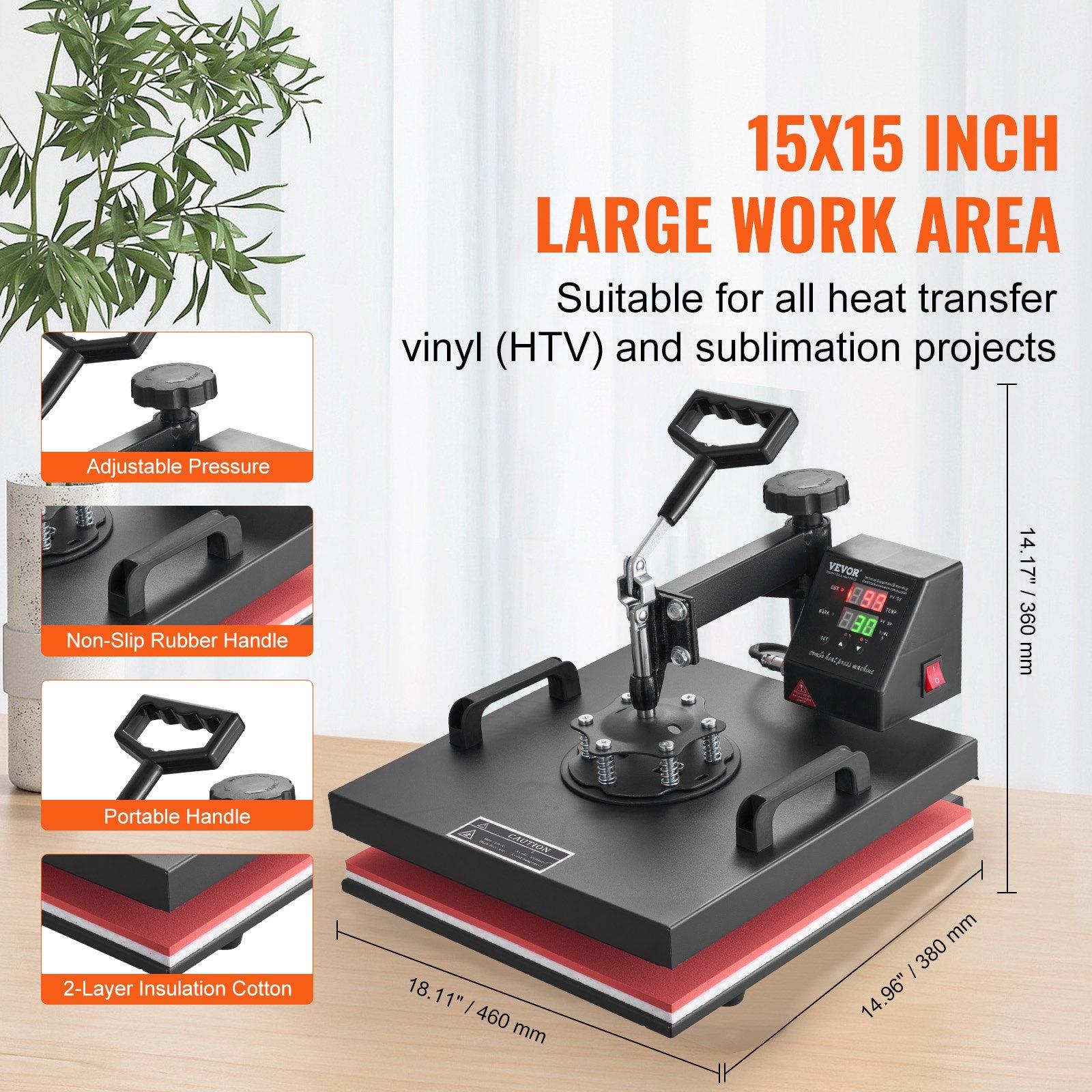 VEVOR 8 in 1 Heat Press Machine 15x15 Inch T-Shirt Pressing Machine 360° Swing Away Professional Sublimation Heat Press for Sublimation, Vinyl, Heat Transfer Projects VEVOR 8 in 1 Heat Press Machine 15x15 Inch T-Shirt Pressing Machine 360° Swing Away Professional Sublimation Heat Press for Sublimation, Vinyl, Heat Transfer Projects