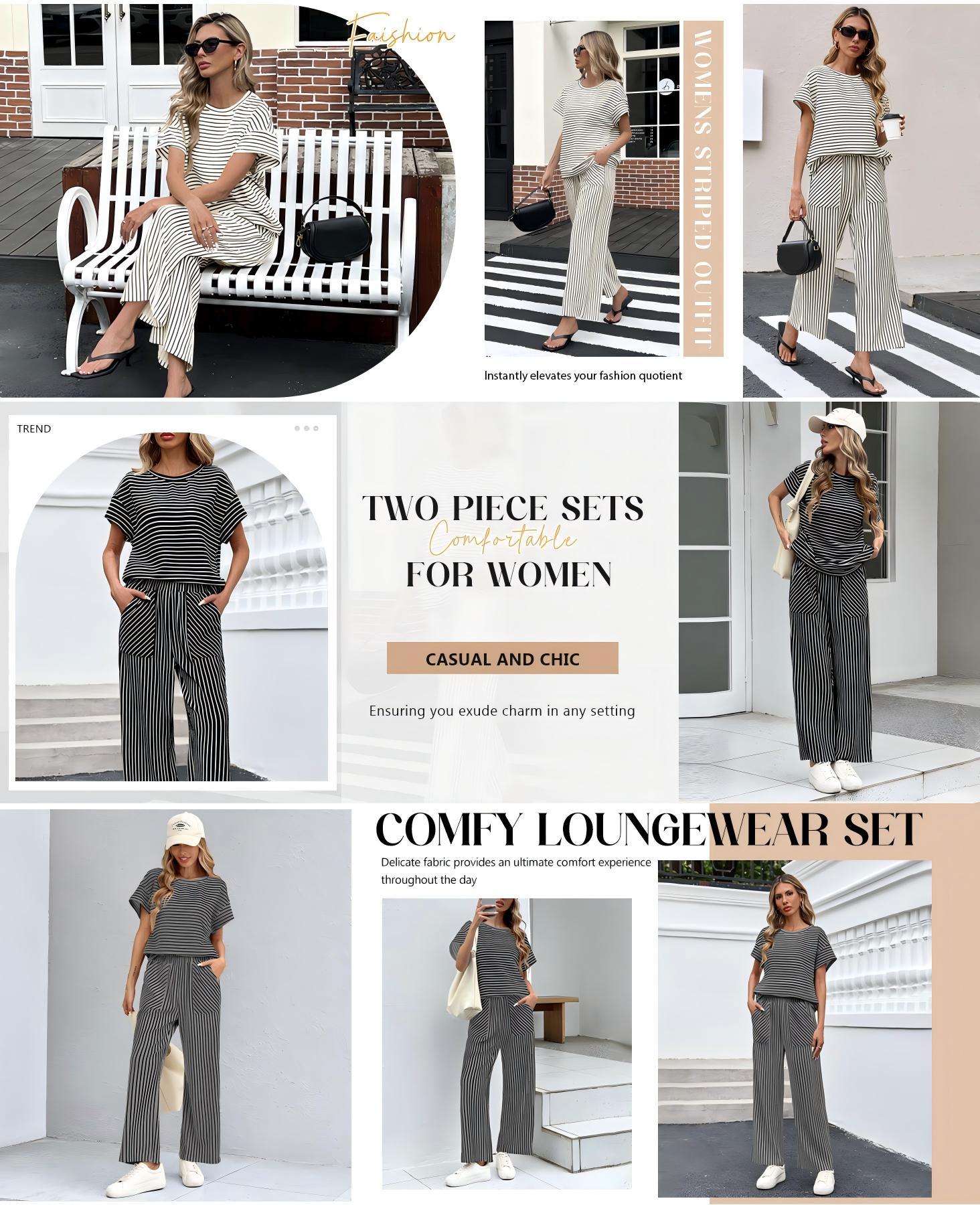 Tankaneo Womens Striped 2 Piece Sets Short Sleeve T Shirts Wide Leg Pants Matching Lounge Set with Pockets