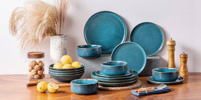 vancasso VEGA Plates and Bowls Sets, 12/16/18 Pieces Stoneware Dinnerware Sets Dishes Set Modern kitchen Dishware Sets Service for 4/6 People, Dishwasher and Microwave Safe, Blue Tableware