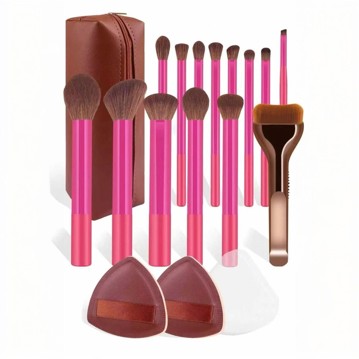 New Makeup Brush Set with 2 Leather Cases and 2 Beauty Sponges, 14 Animal Hair Brushes, Essential Daily Makeup Tool, Makeup Brush Kit