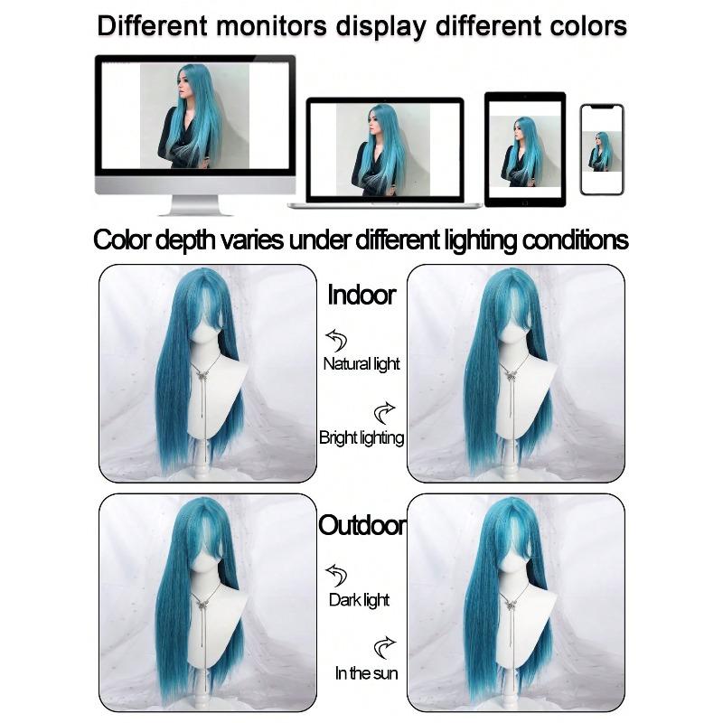 Women's Synthetic Hair Wig - 28-inch Straight Mint Blue, Middle Part Bangs, Natural Soft Texture, Colored Curly Synthetic Costume Wig for Cosplay, Daily Wear, Festival Party, Natural Style, Colored Curly Synthetic Costume Wigs