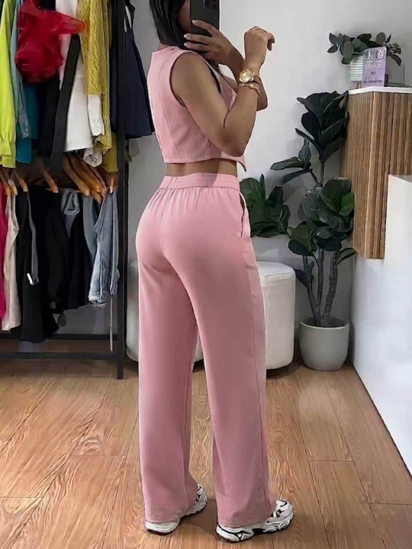 Women's Two-Piece Set, Sleeveless Waist-Cropped Vest and Wide-Leg Pants, Casual Loose-Fit Solid Pattern, All-Season Outer Vest
