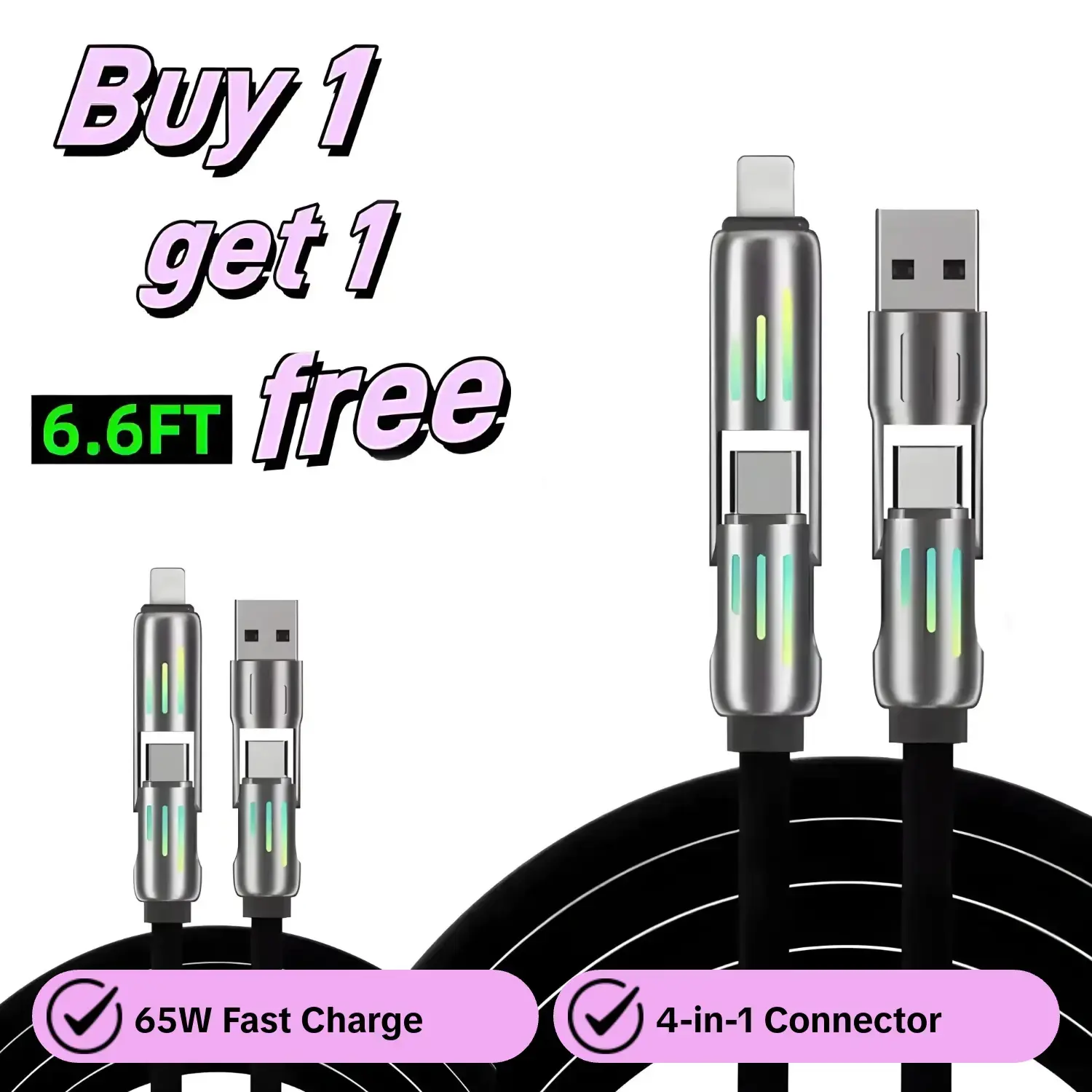 [Buy 1 Get 1 Free] 6.6ft 4-in-1 Multi USB Multifunctional Charging Cable, Super-Fast Charging USB-A/Type-C/Lightning Cable Max 65 W, Data Sync for iPhone, iPad, Samsung, Cellphone and Laptop Fast Charging Cables