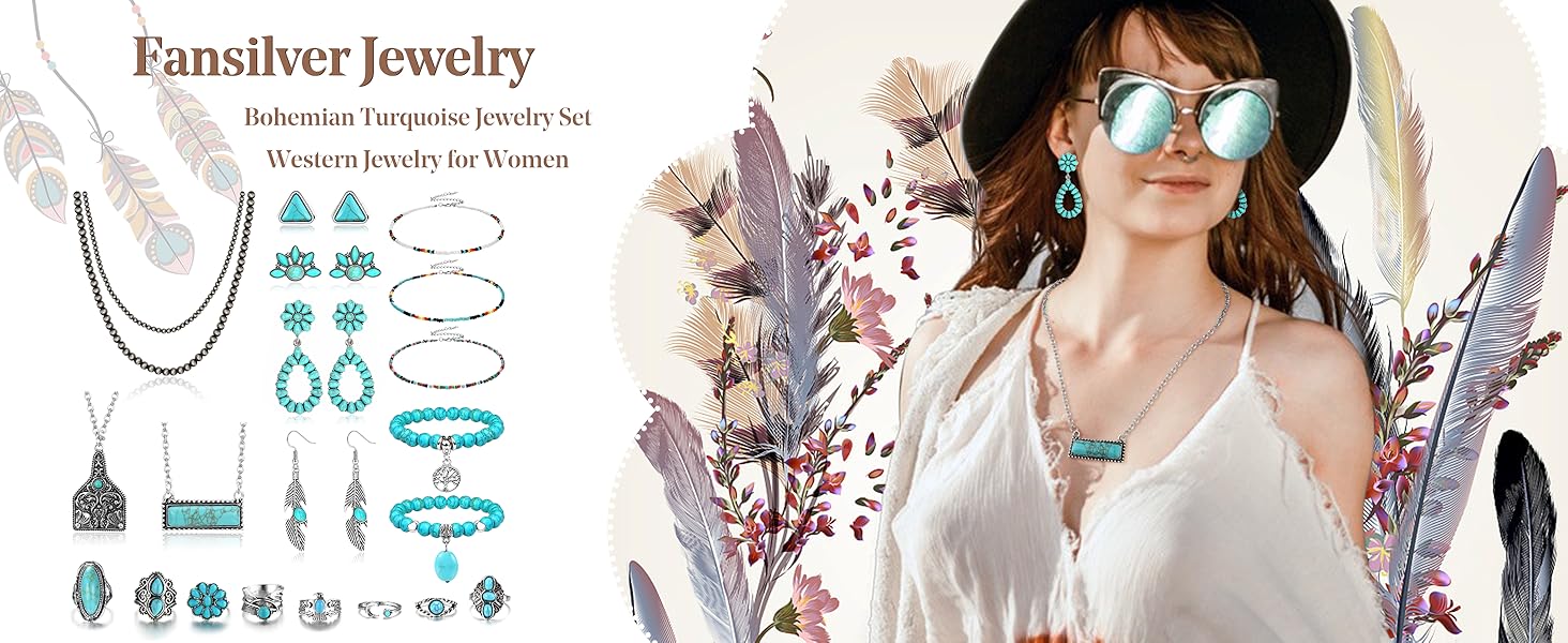 Fansilver 25pcs Western Jewelry Set for Women Bohemian Turquoise Pearl Necklace Beaded Choker Earrings Bracelets Knuckle Rings Western-Inspired Hypoallergenic Stainless Steel Jewelry Fansilver 25pcs Western Jewelry Set for Women Bohemian Turquoise Pearl Necklace Beaded Choker Earrings Bracelets Knuckle Rings Western-Inspired Hypoallergenic Stainless Steel Jewelry