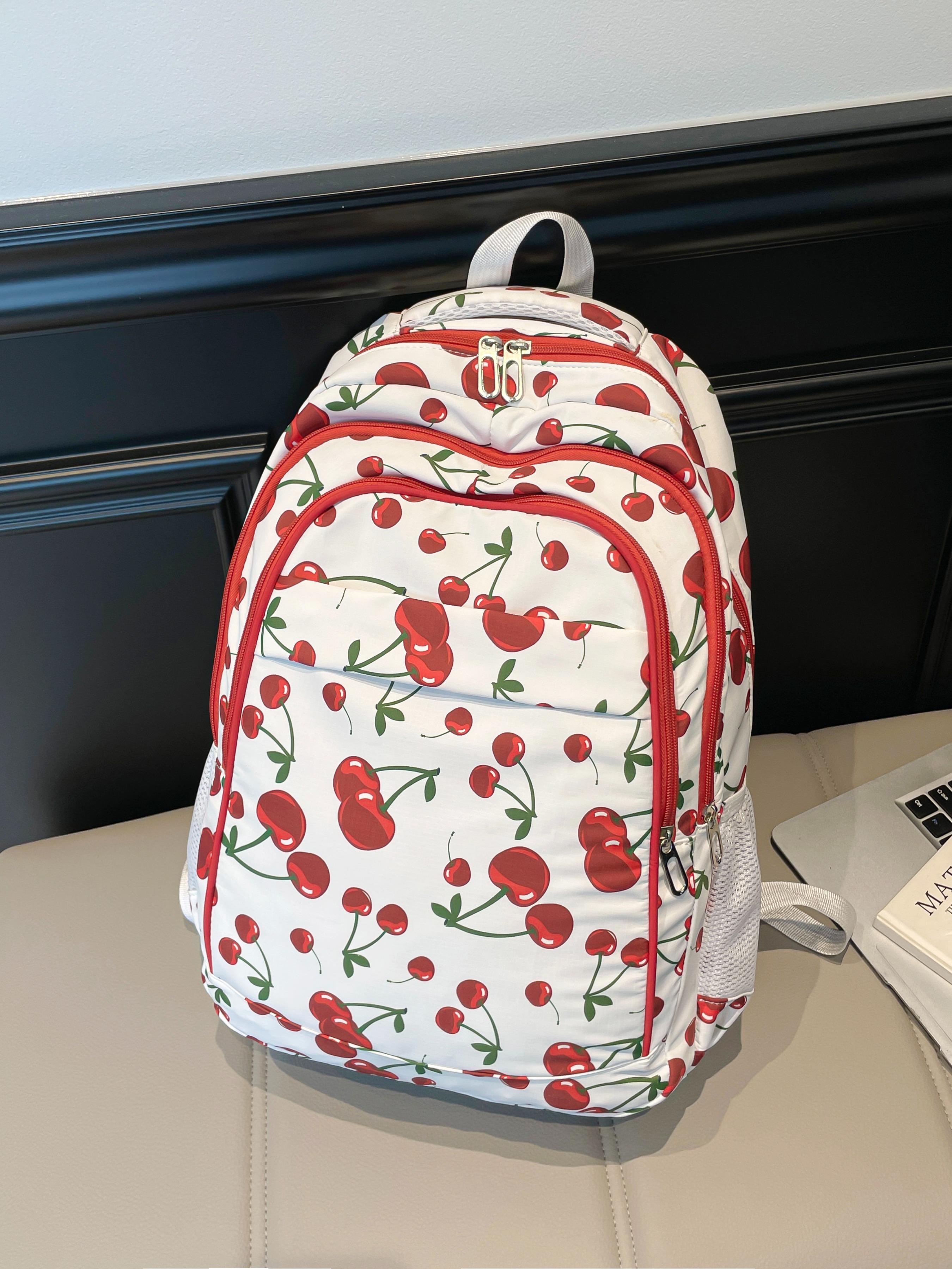 Fashion Cherry Print Backpack, Large Capacity Multi-Pocket Bag, Adjustable Straps, Zipper Closure, Ideal for Office, School, Travel