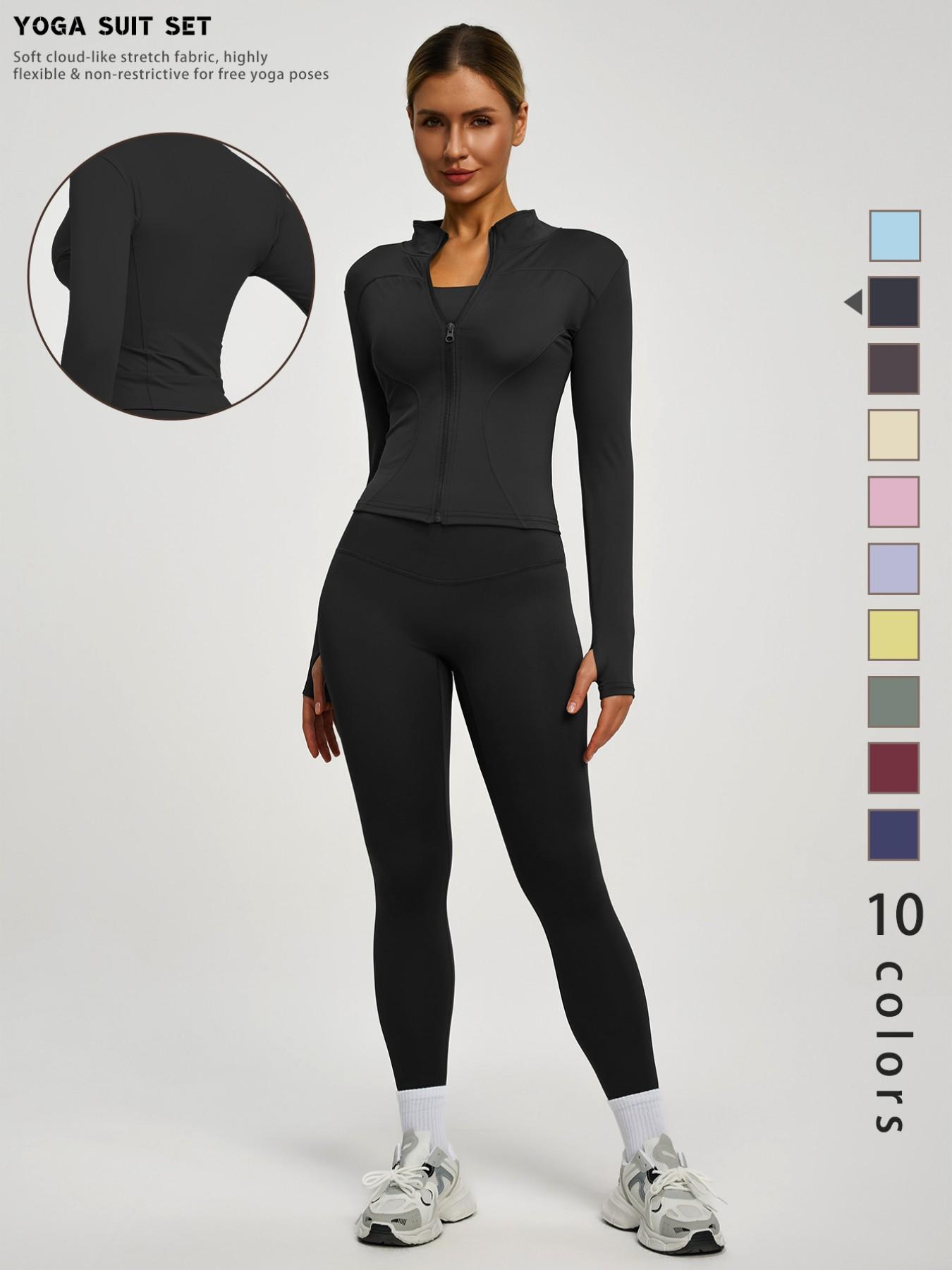 New Women's Solid Color Casual Fashion High-End Long Sleeve Quick-Dry Sports Set, Yoga Essential Jacket, Elastic Tight Yoga Pants, Activewear Clothing