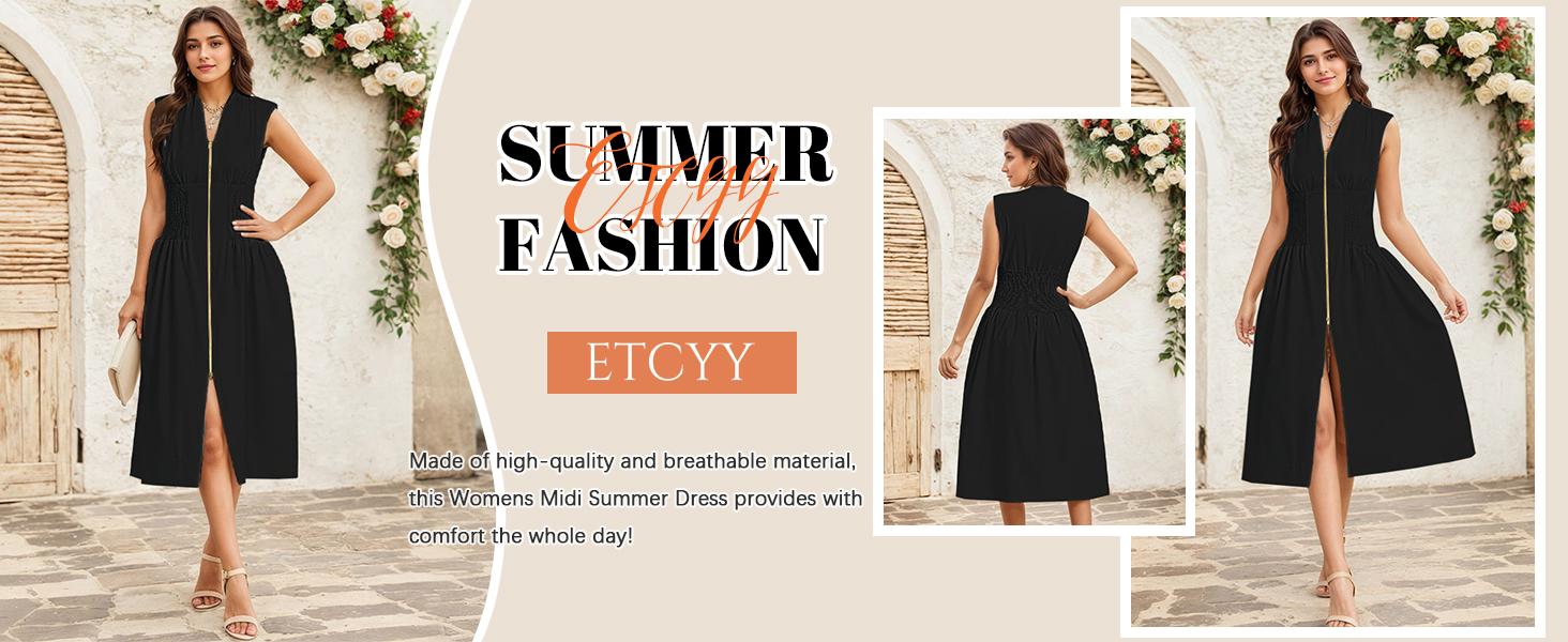 【GUNEST】Women’s Summer Smocked Midi Dress—V-neck, sleeveless/cap sleeve, zipper back, high slit, flowy and elegant for parties, birthdays, or minimalist daily looks. Waist-trainer friendly. Stylish beige essential.