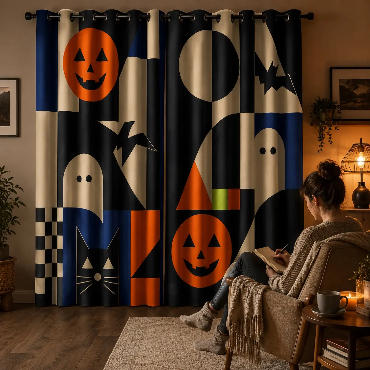 2-Panel Modern Spooky Halloween Blackout Curtains - Geometric Print Grommet Drapes with Pumpkin, Ghost, Bat, Black Cat, Candy Corn Designs, Room-Darkening Privacy Indoor Decor for Bedroom, Living Room