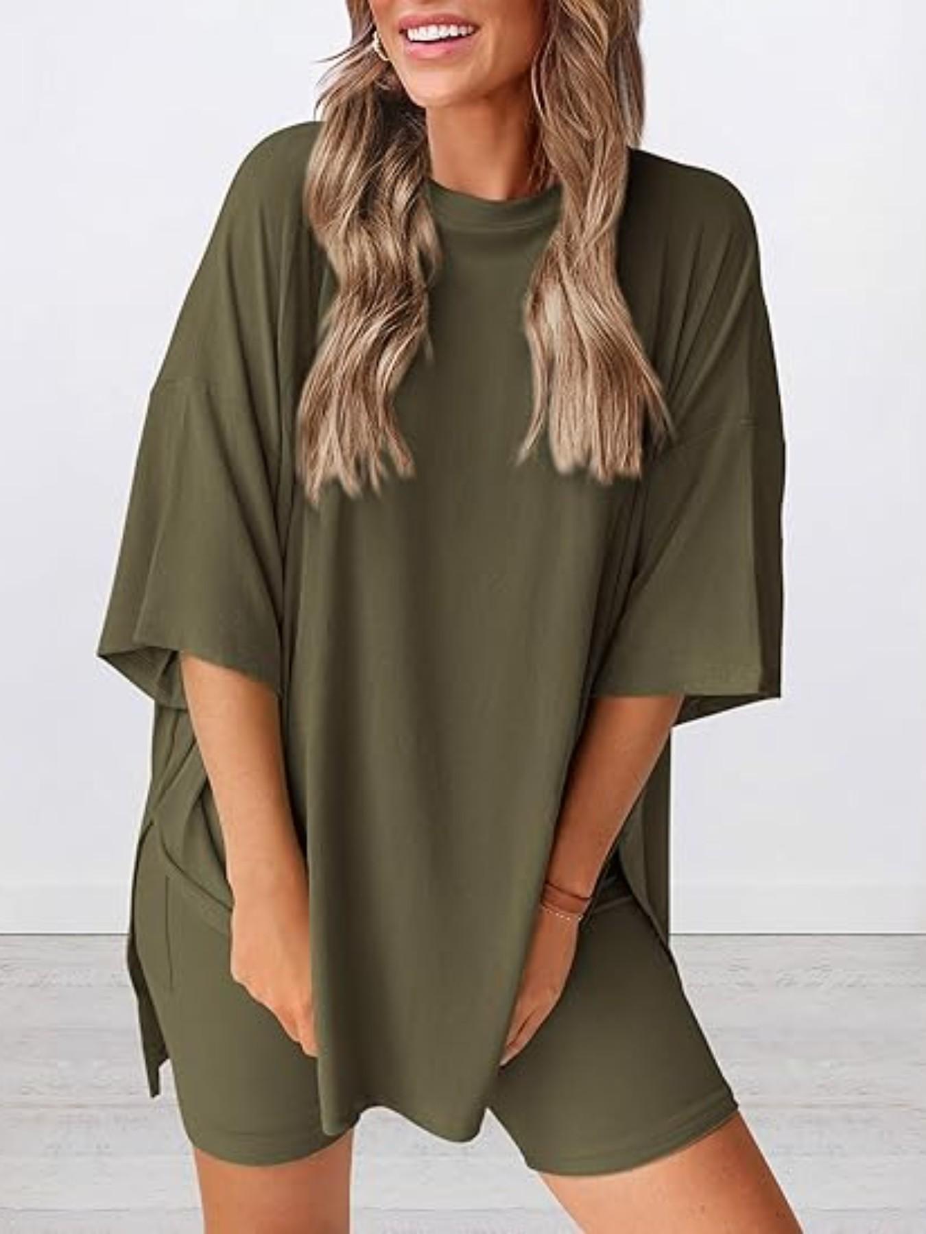 Women's Solid Color T-Shirt and Tight Shorts Set, Summer Comfort Round Neck Pajamas Loungewear, Nightwear, Pocket Design, Suitable for Outdoor Wear