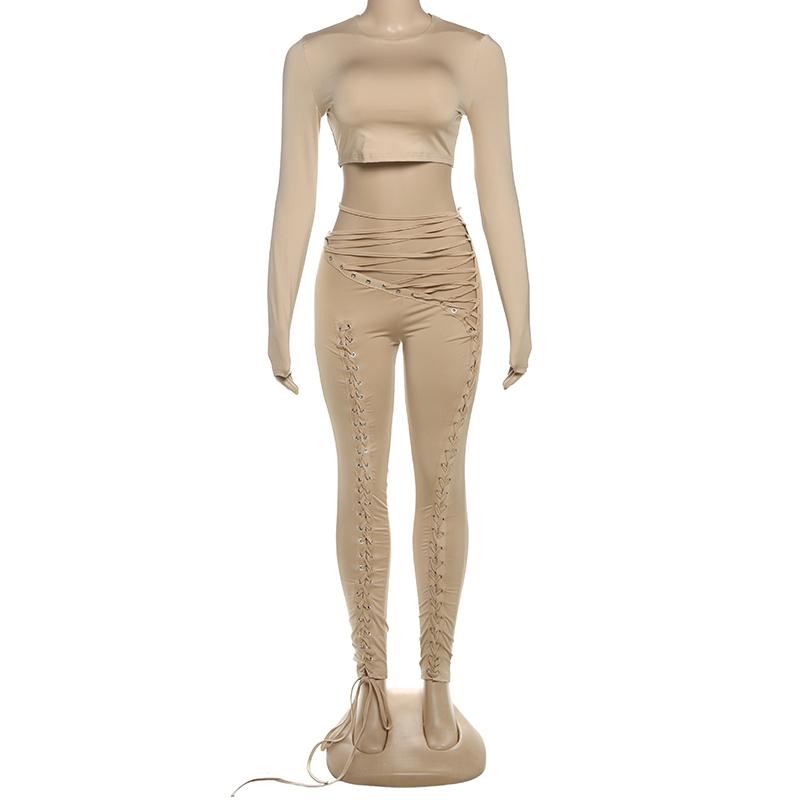 DOUCIU Trendy And Personalized Street Hip-Hop Sports Casual Streetwear Tracksuit Set Solid Color Basic Women'S Thin Long Sleeved Crop Top Paired With Adjustable Perforated Drawstring Pants Two-Piece Set