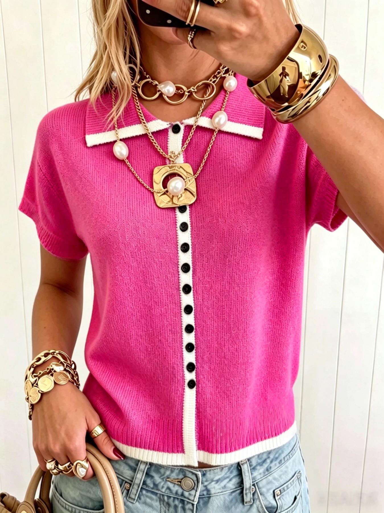 Elegant Polo Neck Button Front Pullover, Casual Colorblock Short Sleeve Top, Loose Fit Fall Fashion Women's Sweater