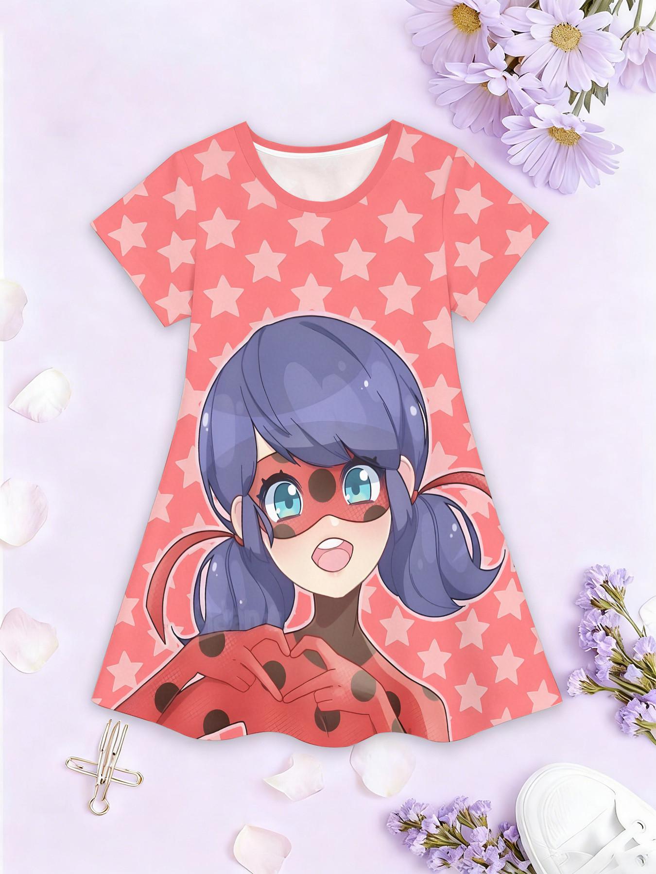 Girls' 3D Short Sleeve Dress, Miraculous Girl Ladybug Heart Print, Perfect for Parties, Festive Gifts, Birthday Presents