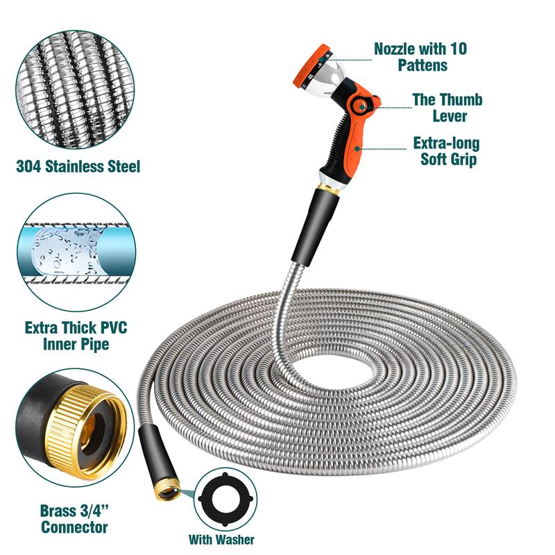 Garden Hose 50/100 ft Metal - Stainless Steel Water Hose Flexible Heavy Duty Garden Hose Collapsible and No Kink Water Pipe Home Nozzles Adjustable Durable Outdoorfun Garden Hose 50/100 ft Metal - Stainless Steel Water Hose Flexible Heavy Duty Garden Hose Collapsible and No Kink Water Pipe Home Nozzles Adjustable Durable Outdoorfun