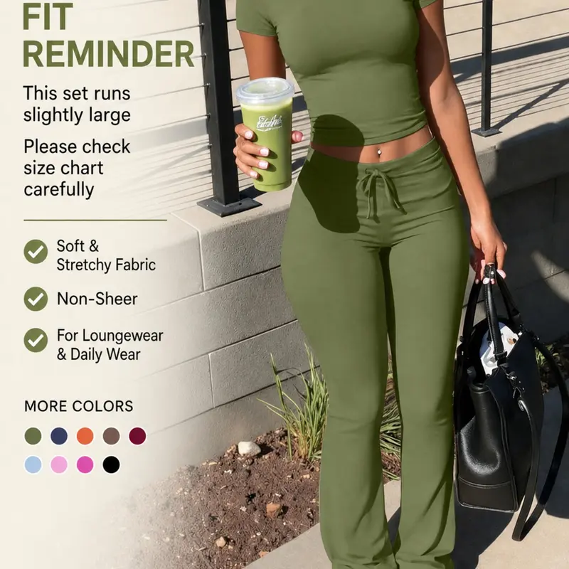 Lw-Sherowear Women's Casual Solid-Color Round-Neck Short-Sleeve T-Shirt & Drawstring Pants Set, Summer Homewear, Daily Wear Set