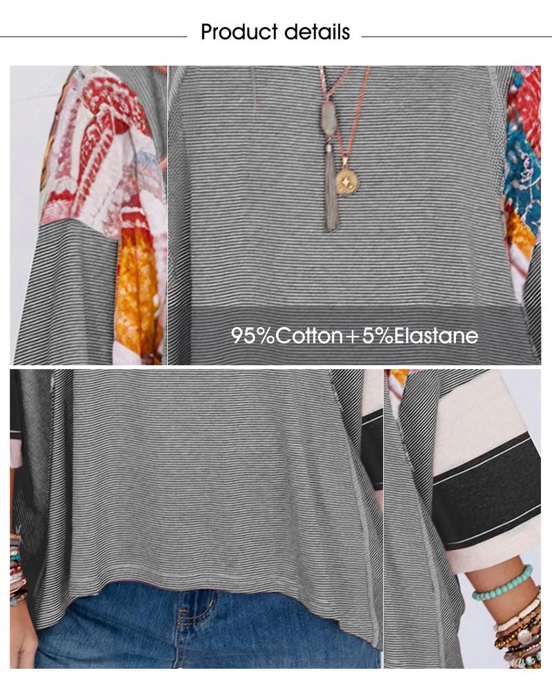EVALESS Women's Oversized Graphic Print T Shirts Loose Fitted Crewneck 3/4 Batwing Sleeve Striped Patchwork Blouses 2026 Casual Summer Springtok Outfits