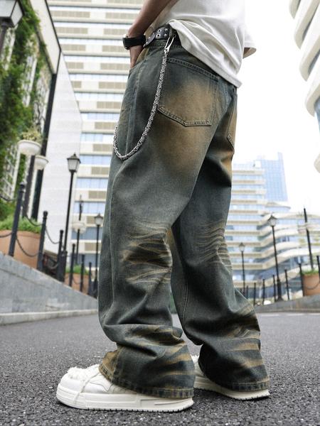 Men's Solid Color Denim Jeans, Loose Casual Comfy Wide Leg Trousers for Daily Wear, Woven Bottoms for All Seasons, Jean Pants Bottoms