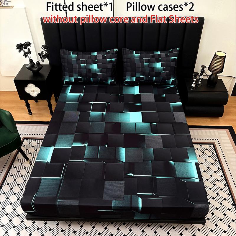 [Spring Glow Up] 3-piece multi-pattern fitted sheet set (fitted sheet*1 +Pillow cases*2),deep pocket 15 inches machine washable,low allergenic,high quality mattress protector for bedrooms,dorm rooms,HD printed all-season room decoration Reversible