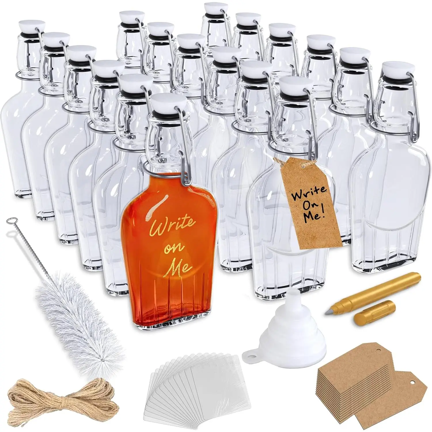 8.5 Oz Flask Flip Top Glass Bottle 18 PK  Flask for Men & Women | Limoncello Bottles with Stoppers , Shrink Wrap, Tags, Funnel, Marker & Brush | Swing Top Glass Bottles for Vanilla Extract