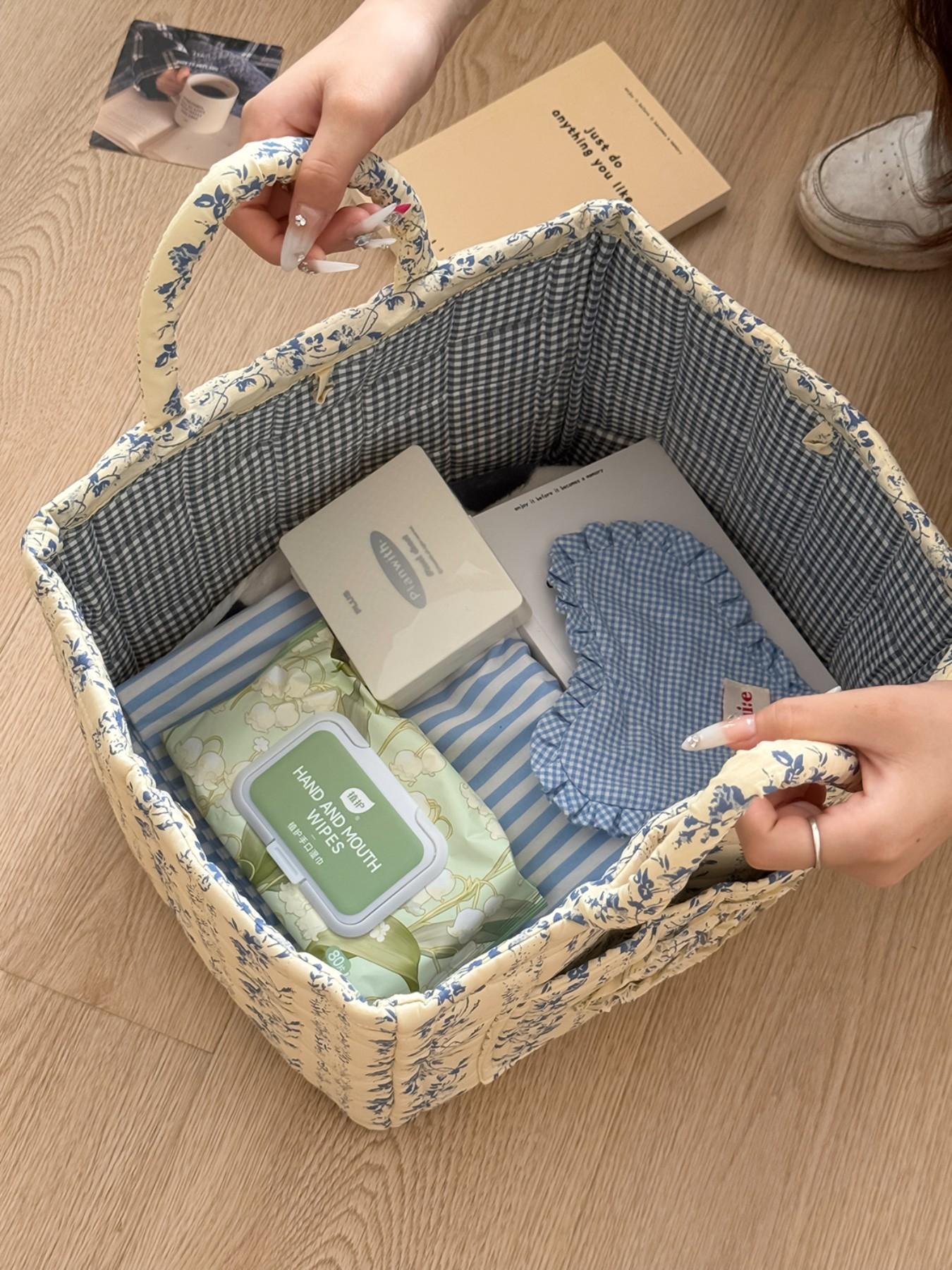 Vintage French Woven Large Print Storage Basket, Dual-Sided Plaid Lining, Home Dirty Clothes Cosmetics Organizer, Retro Style, Laundry Storage