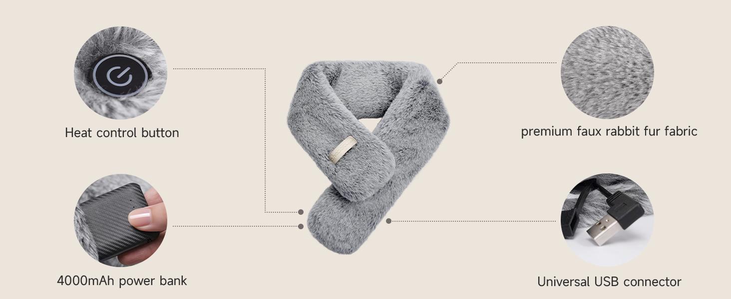 Heated Scarf with 3 Temperature Settings, Portable Charging Battery Included, Easy Operation, Fashionable & Warm Accessory