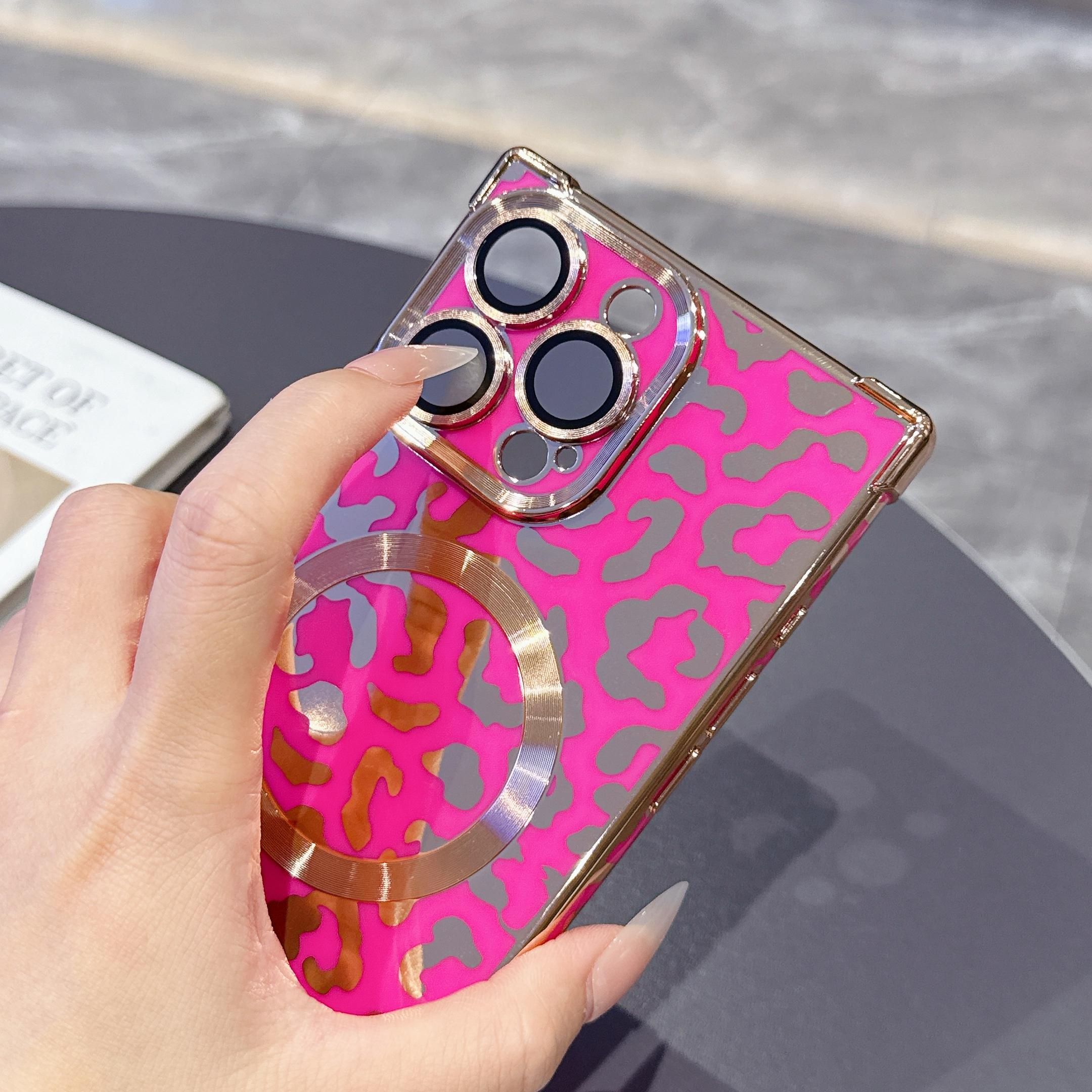 Luxury Leopard Print Shiny Square Edge Phone Case, Cover, Casing, Compatible with iPhone 16 15 14 13 Pro Max, Magnetic Wireless Charging Protection, Accessories