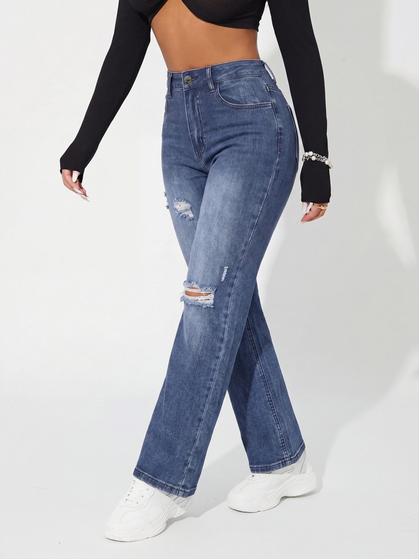 Women's High Waist Medium Blue Washed Ripped Straight Leg Denim Jeans, Vintage Style, Casual American Streetwear, All Seasons
