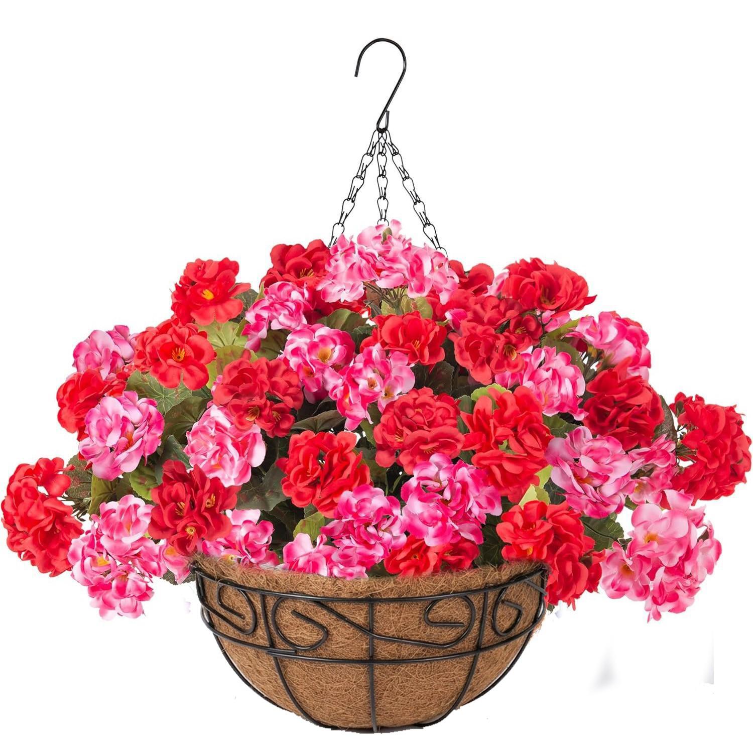 Geraniums Artificial Flowers Hanging Basket for Outdoors Outside Spring  Decoration, Garden Decoration, 8 Bundles Silk Flowers